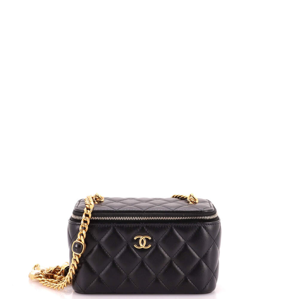 Chanel Small Classic Vanity Case with Resin Pearl Chain Quilted Lambskin